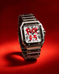 Clock Out hand-painted watch with square case and stainless steel bracelet