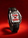 Time Is Money hand-painted watch with square case and black leather strap