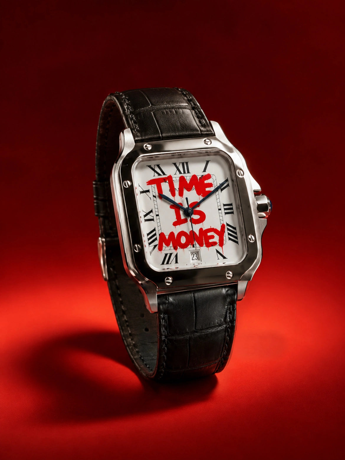 Time Is Money hand-painted watch with square case and black leather strap