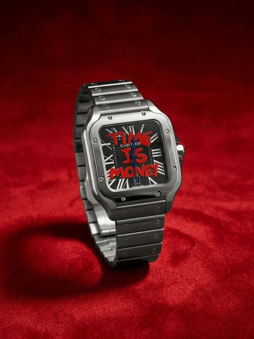 Time Is Money hand-painted watch with square case, black dial and stainless steel bracelet