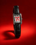 Clock Out hand-painted watch with rectangular case and black leather strap