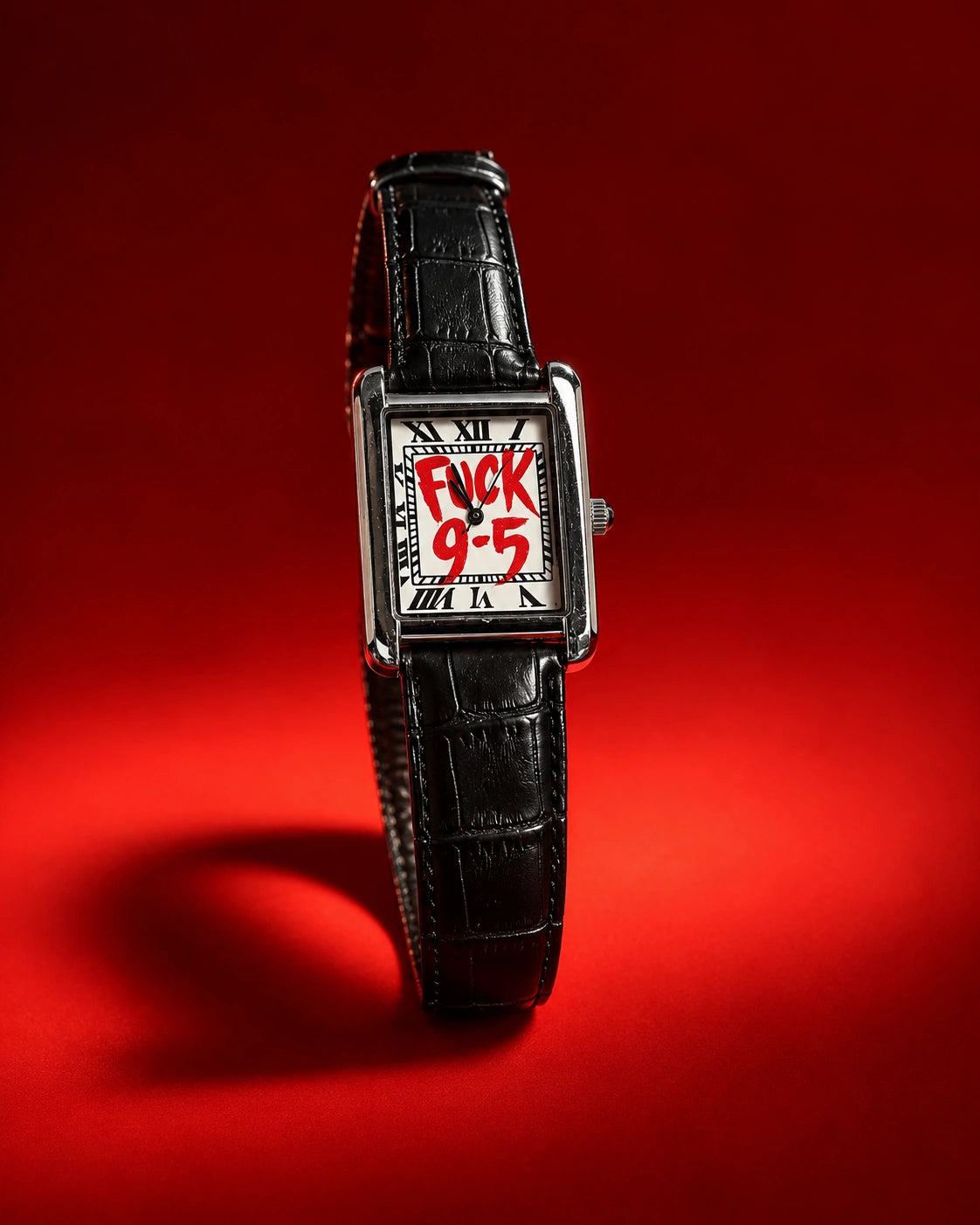 Clock Out hand-painted watch with rectangular case and black leather strap