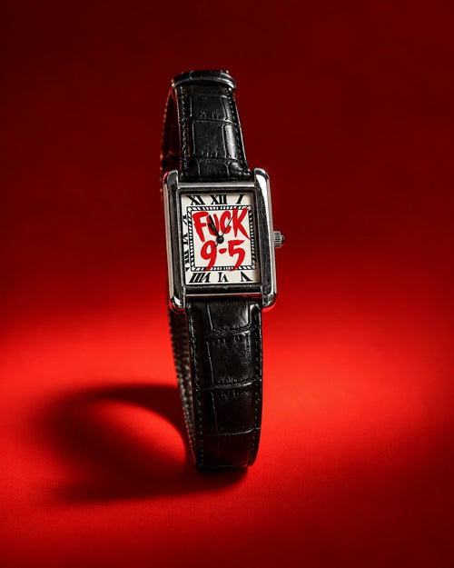 Clock Out hand-painted watch with rectangular case and black leather strap