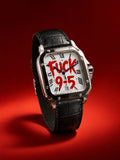 Clock Out hand-painted watch with square case and black leather strap