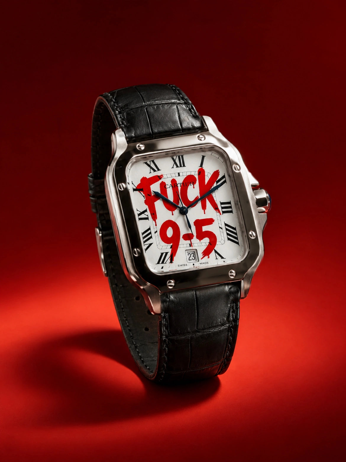 Clock Out hand-painted watch with square case and black leather strap