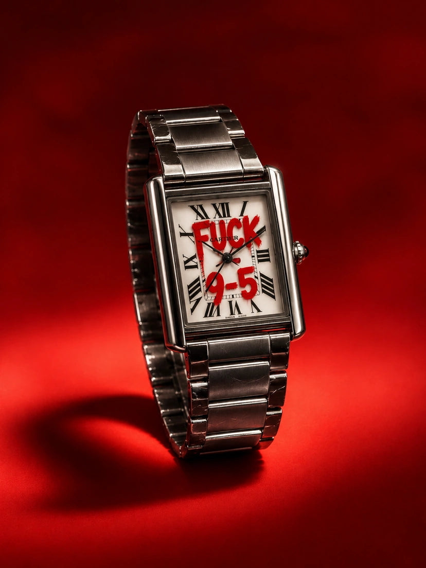 Clock Out hand-painted watch with rectangular case and stainless steel bracelet
