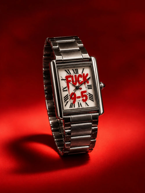 Clock Out hand-painted watch with rectangular case and stainless steel bracelet