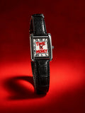 Time Is Money hand-painted watch with rectangular case and black leather strap